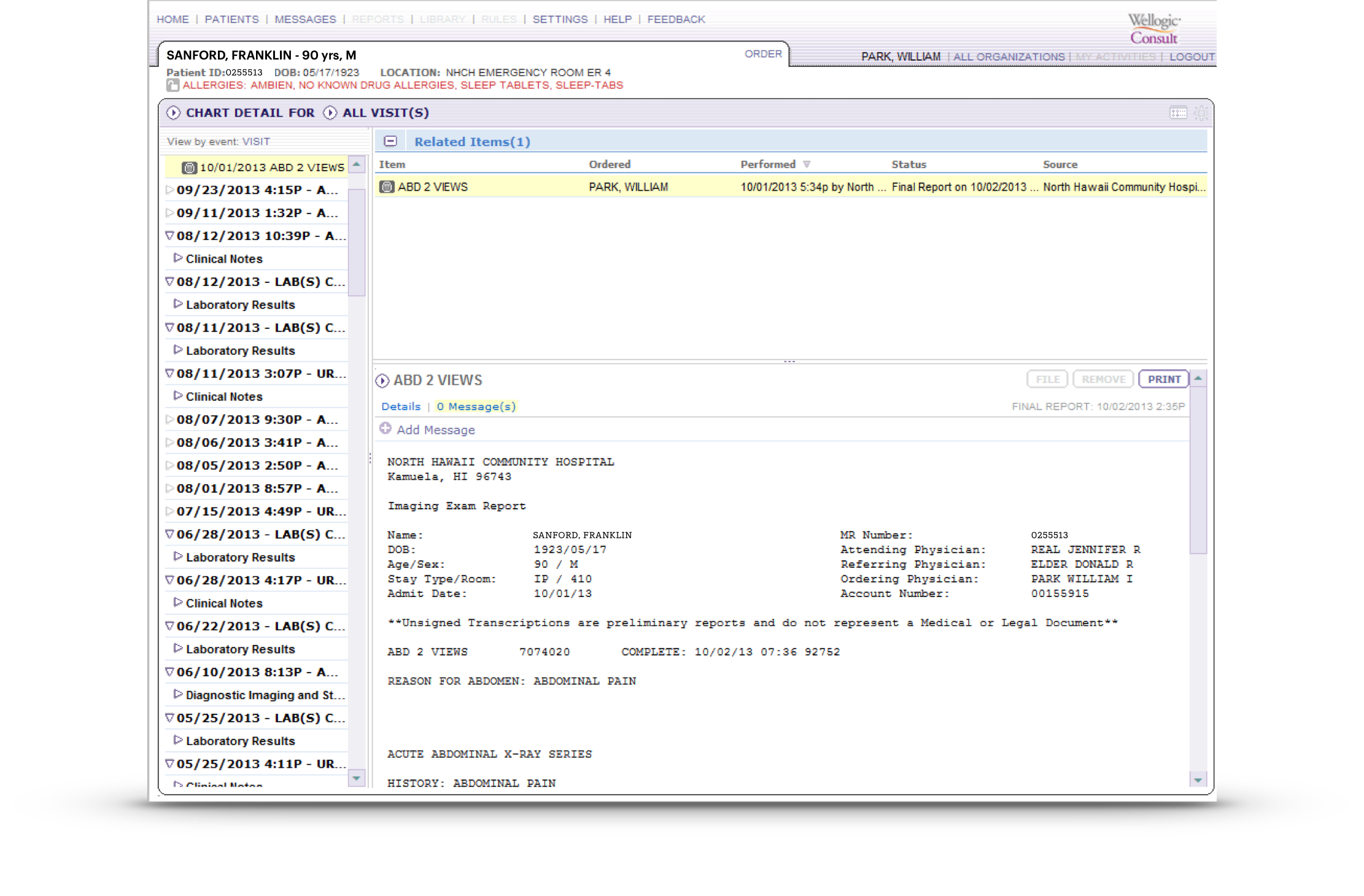 The platform as it was: a dense grey clinical record screen with a visit list on the left, a related-items table, and a wall of monospaced report text.